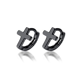 Cross Criss Sterling Silver Tiny Sleeper Hoop Earrings for Women Minimalist Faith Hope Small Cartilage Tragus Huggie Hoops Cuffs Studs(Black)