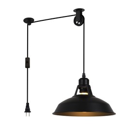 SUNLLOK Industrial Plug in Pendant Light Lift Pipe Pulley Ceiling Fixture - Retro Adjustable Height Hanging Lamp with Switch - Indoor Rustic Metal Chandelier for Living Room Restaurant (Black)