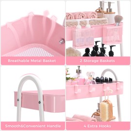 KINGRACK 3 Tier Utility Rolling Cart, Metal Rolling Storage Cart, Craft Art Cart with Handle and Locking Wheels & 2 Hanging Baskets 4 Hooks for Bathroom, Kids'Room, Classroom, Bedroom, Pink