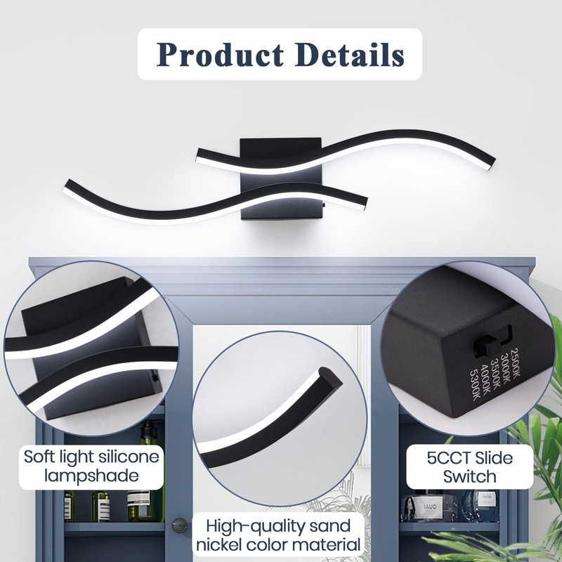 Vloitgol Black Bathroom Vanity Light Fixture, 26W 5CCT Dimmable Modern