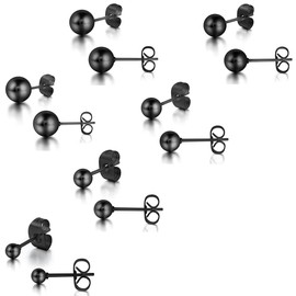 Aroncent 5/6/12 Pairs of Unisex Stud Earrings - Set of Stainless Steel Imitation Pearl Ball Earrings - Ear Piercing Gift for Men and Women - Black, White, Silver - 3 mm / 4 mm / 5 mm / 6 mm / 7 mm / 8 mm, Stainless Steel