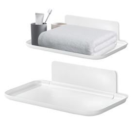 Bagentry 2 Pack White Plastic Folding Wall Shelf, 6.8" x 4.3" & 11" x 6.3" Foldable Adhesive Shelves, Small Fold-Down Wall Storage Tray for Bathroom Toilet Kitchen Phone Towel (2)