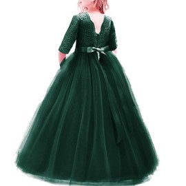 Girl Long Sleeve Vintage Lace Tutu Princess Pageant Cocktail Dresses Kids Prom Ball Gown Wedding Junior Bridesmaid 4-14 Years B Kelly Green 4-5 Years