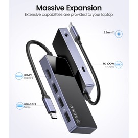USB C Hub, ORICO 6 in 1 MacBook Docking Station Multiport Adapter Multiport Adapter with PD 100W，HDMI 4K@30Hz，USB-A3.0×3，3.5mm Audio×1 Compatible for Dell/Surface/HP/Lenovo Laptops