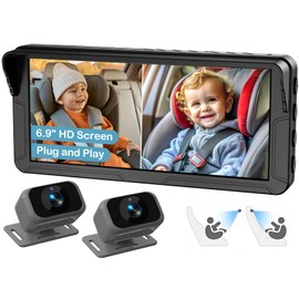 Dual Baby Car Camera for 2 Kids – 6.9” Split Screen Ultrawide HD Display with 2 Cameras, IR Night Vision, Easy Installation, Dual Car Camera Baby Monitor for Infant & Toddler Safety by Fodkh