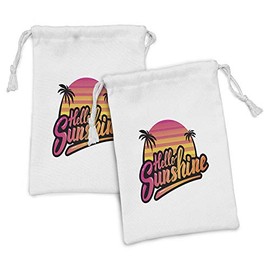 Ambesonne Hello Sunshine Fabric Pouch Set of 2, Retro Style Palm Trees and Stripes Sixties Vintage Colors, Small Drawstring Bag for Toiletries Masks and Favors, 9" x 6", Orange Pink