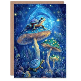 Artery8 Greeting Card Turtle Frogs Magic Mushrooms Psychedelic Fantasy Blank For Him Or Her Art Birthday Card