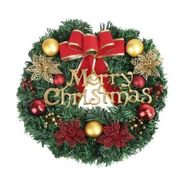 Merry Christmas Wreath 12 Inch Christmas Decorations Front Door Wreath Ornament Wall Artificial Pine Garland for Christmas Party Décor, with Bowknot, Bells, Red Berries, Flower Gifts