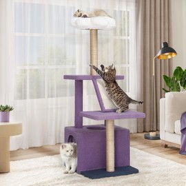 YITAHOME Flower Cat Tree Tower with Detachable Perch, 47.2in Cute Cat Climbing Tower for Indoor Cats with Cat Condo, Sisal Scratching Posts and Board, Purple and White