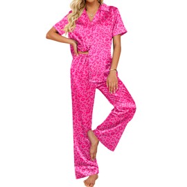Ekouaer Womens Silk Satin Pajama Sets 2 Piece Pjs Button Down Sleepwear Wide Leg Long Pants Loungewear with Pockets