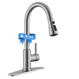 Arofa Brushed Nickel Kitchen Faucet with Pull Down Sprayer, Stainless Steel Single Handle Brass Kitchen Faucet, Kitchen Sink Faucet with Deck Plate for 1 or 3 Hole RV Farmhouse Bar Laundry Sinks