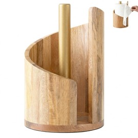 KINDLUME Porta Rotolo di Carta in Legno Piccolo, Supporto Compatto 15 cm con Asta Dorata Verniciata, per Rotoli fino a 9 cm, Porta Carta Igienica per Bagno, Tavolo e Piccoli Spazi