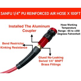 SANFU Polyurethane(PU) Air Hose 1/4-Inch x 100ft Reinforced, lightweight Anti-low temperature 300PSI With 1/4” Aluminum 3IN1 Quick Coupler and Plug, Bend Restrictor,Red(100’)