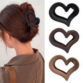 Heart Shaped Hair Claw Clips, 3-Pack Matte Nonslip Jaw Clips, 2.56 Inch, Black Brown Tan Colors