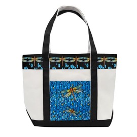 RainCaper Fine Art Large Cotton Canvas Tote Bag Roomy Heavy Duty Sturdy Boat Bag Zippered Top Lots of Pockets Shoulder Straps (Tiffany Dragonfly)