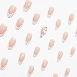 CEWEWP French Press on Nails Almond Medium White Fake Nails Cute Flower & Pearl Nail Charms False Nails Glitter Artificial Nails Glossy Full Cover Spring Summer Acrylic Nails for Women Girls 24Pcs