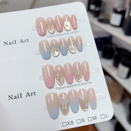 [Overseas] Luxury nail stickers pink blue star language light sweet butterfly applause cat's eye gradient white S/Pink Star Ellipse 4ea