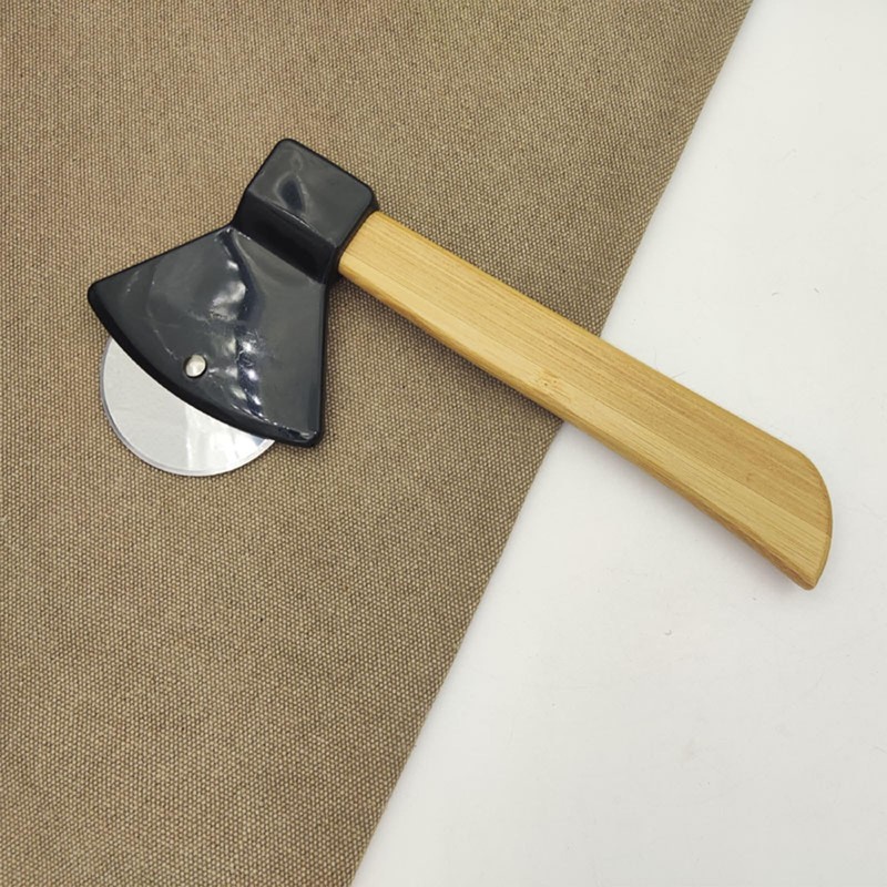 Axe Pizza Cutter with Bamboo Handle and Sharp Rotating Blade