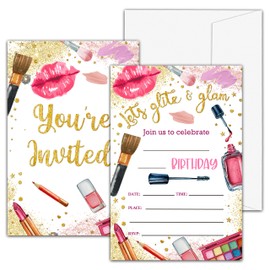 valucise Spa Makeup Birthday Invitations For Girls, Let's Glite & Glam Birthday Party Invitations, Fill In Invitation Cards, Girl Spa Party Favor Supplies (20 Invites With 20 Envelopes) -A34