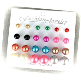 12 Pair Earrings Plastic Faux Pearl Bead Ball Stud Post Metallic Colors Adorable Statement Jewelry Earrings for Women