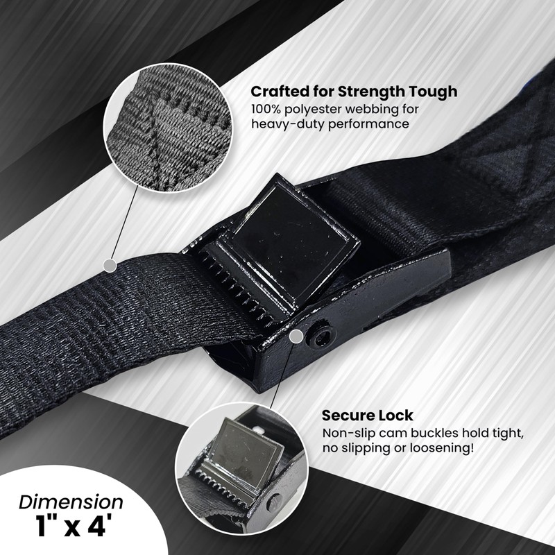 4-Pack Cam Buckle Lashing Straps – 1” x 4’ Heavy-Duty