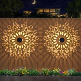 Neoglint 2 Pack Solar Mandala Fence Lights, Decorative Metal Solar Powered Outdoor Wall Deck Lights, IP55 Waterproof Warm White Mandala Lights Outdoor for Garden Patio Backyard Step Decor