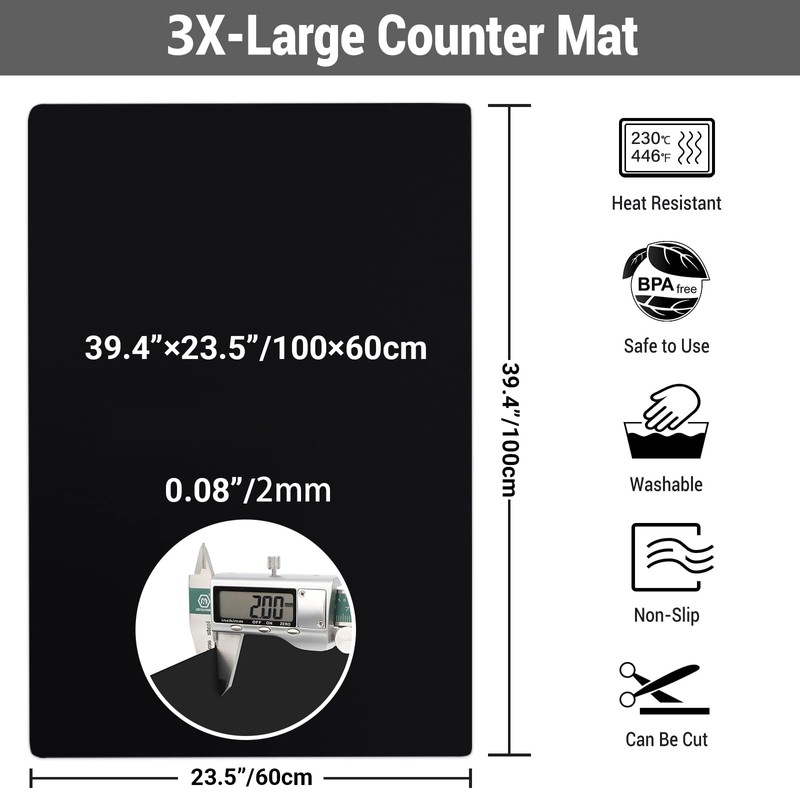 Ewen 39.4x23.5in 2mm Heat Resistant Silicone Mat, Extra Large Thick