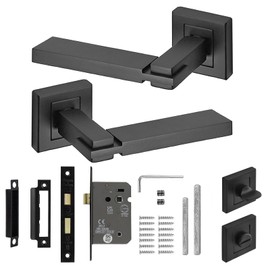 Decoranddecor Alloy Door Lever Handle Set Black on Square Rose with Bath Lock Set (MattBlack)