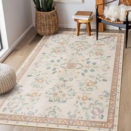 MUJOO 3x5 Rug Washable,Floral Area Rugs for Bedroom Bedside Entryway Living Room Kitchen,Floral Boho Small Indoor Floor Rug Non Slip Throw Carpet Low Pile Vintage Beige