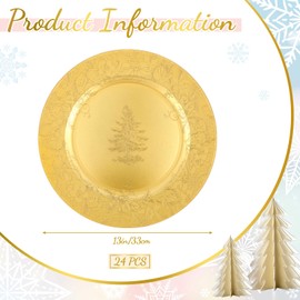 Tioncy 24 Pcs Christmas Embossed Gold Charger Plates Bulk 13 In Plastic Round Charger for Dinner Plate Decorative Wedding Charger for Table Setting Party Catering Event Restaurant Gathering Decoration