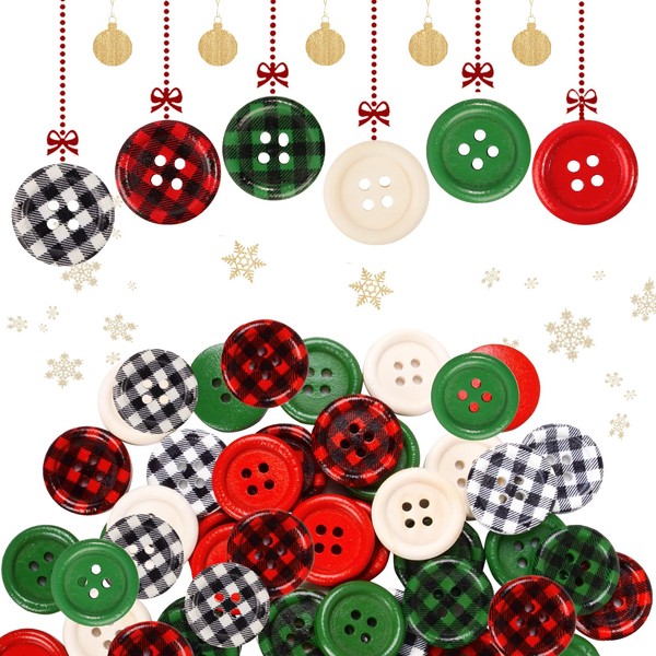 60 pcs Christmas Plaid Wooden Buttons 6 Styles Red Green