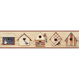 Chesapeake CCB2242 Country Cottage Chic Birdhouses Dark Red Border