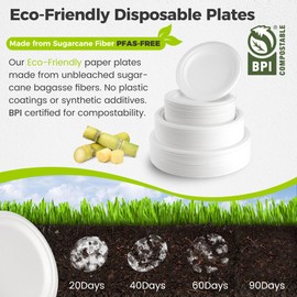 XH.Easy Go 9 Inch Paper Plates Heavy-Duty Disposable Plates Bulk [50 Pcs], 100% Compostable Plate Made of Sugarcane Fibers, Eco-Friendly Biodegradable 9" White Paper Dishes