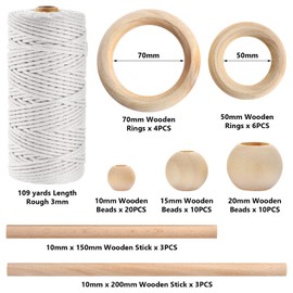 Hdviai 121Pcs Macrame Kit, Macrame Supplies 3mm x 109Yards Macrame Cord for Macrame Kits for Adults Beginners, with Accessories Like 100Pcs Beads and 10Pcs Wooden Rings for Macrame Plant Hanger Kit