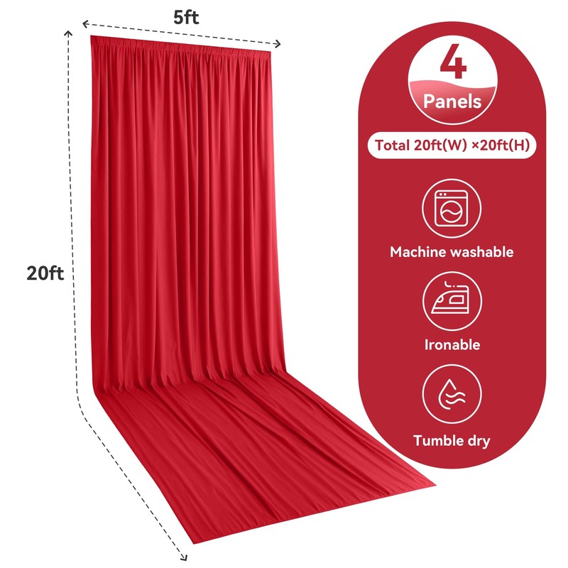 4 Panels 5x20ft Red Ceiling Drapes for Wedding Parties, Wrinkle
