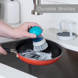 Smart Design Palm Brush & Stand - Contoured Non-Slip Grip - No-Leak Valve - Long Lasting Bristles - Odor Resistant - Dishwasher Safe - Cleaning Pots, Pans, Plates & Kitchen Sink [Gray & Teal]