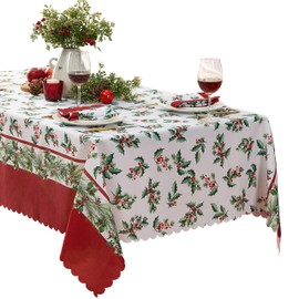 Newbridge Christmas Green and Red Nature’s Poinsettia Scalloped 52 x 70 Inch Rectangle Holiday Fabric Tablecloth