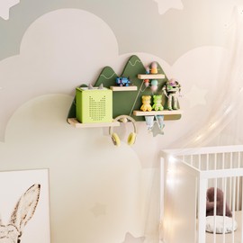 LUPWNEKA Green Mountain Tonie Shelf Wall Mounted - Tonies Wall Shelf for Toniebox, Charging Station, Magnetic Wood Display Floating Shelves for Tonie Figures Storage