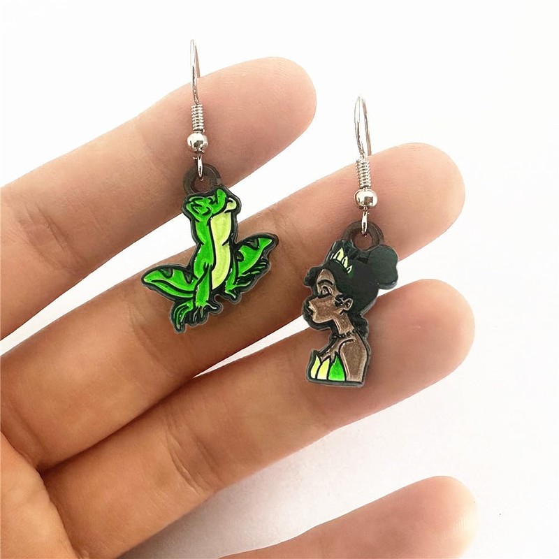 Cute Princess Character Dangle Earrings, Frog Green and Brown, Cartoon