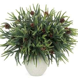 N&T NIETING 24in Christmas Norfolk Pine Stems Real Touch Artificial Norfolk Pine Branches with Pine Cones Stems Faux DIY Greenery Pine Picks for Xmas Indoor Outdoor Home Décor(10 Pcs)