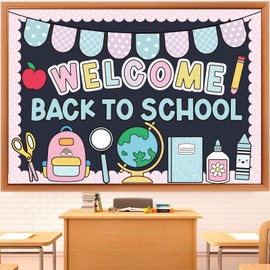 Kinlop First Day of School Bulletin Board Welcome Back to School Classroom Bulletin Board Set Pastel Pencil Notebook Schoolbag Paper Cutouts for Chalkboard Wall Decor for Teacher Preschool Elementary