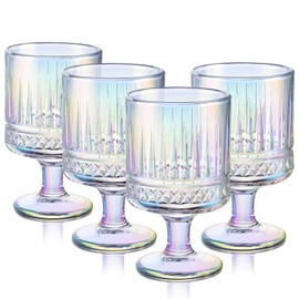Joeyan Vintage Iridescent Wine Glasses,Embossed Water Goblet Glasses with Diamond Patterns,Rainbow Decorative Striped Stemmed Glass Tumbler Cups,Glassware for Party Wedding Anniversary,7 oz,4 pcs