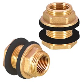 Uenede 2PCS Solid Brass Bulkhead Fitting 1/2”Female x 3/4”Male Double Threaded Bulkhead Water Tank Connector