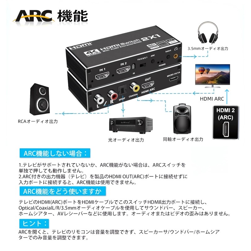 HDMI Audio Separator, Optical Digital 4K@60Hz, HDMI Switcher, 2 in