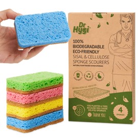 DR HYGI Scrubbing sponges, natural sisal and cellulose washing sponge, 100% biodegradable, no loss bathroom, kitchen and washing up sponges in 4 fun colours (pack of 4 eco sponges in set)
