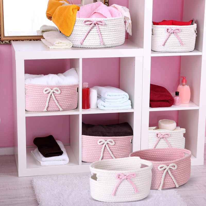 Breling 3 Pieces Coquette Bow Laundry Hamper Cotton Rope Storage