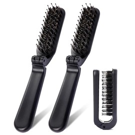 Foldable Brush for Purse, 2-Pack Portable Travel Hair Brush with Natural Wild Boar and Nylon Bristle, Folding Combs, Mini Wet Brush, Small Hair Brush, Compact Brush (Black)