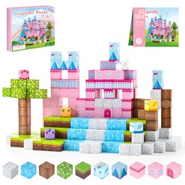 PINKCAT Magnetic Blocks - 100Pcs Magnetic Cubes Construction Blocks Set, Princess Castle Toddler Toys, Birthday Gifts for Kids Girls Creative Learning Kids Toys（Pink）