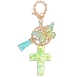 MWOOT Cross Keychains Christian Bible Keychains Backpack Handbag Charms for Women Girls, Butterfly Pendant Key Rings,Green