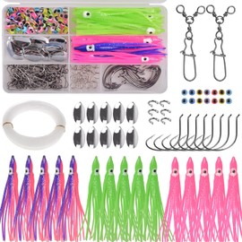 Fishing Squid Rigs Making Kit 161pcs Fluke Flounder Saltwater Fishing Hoochie Rig, Include Soft Squid Skirt Lure, 3 Way Swivel with Duo Lock Snap, Spinner Blade Clevis, Fishing Octopus Hook Line Beads